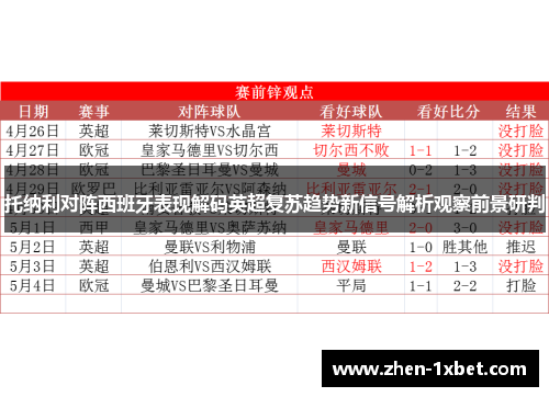 托纳利对阵西班牙表现解码英超复苏趋势新信号解析观察前景研判