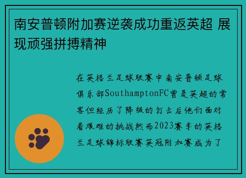 南安普顿附加赛逆袭成功重返英超 展现顽强拼搏精神