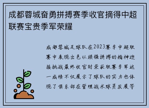 成都蓉城奋勇拼搏赛季收官摘得中超联赛宝贵季军荣耀